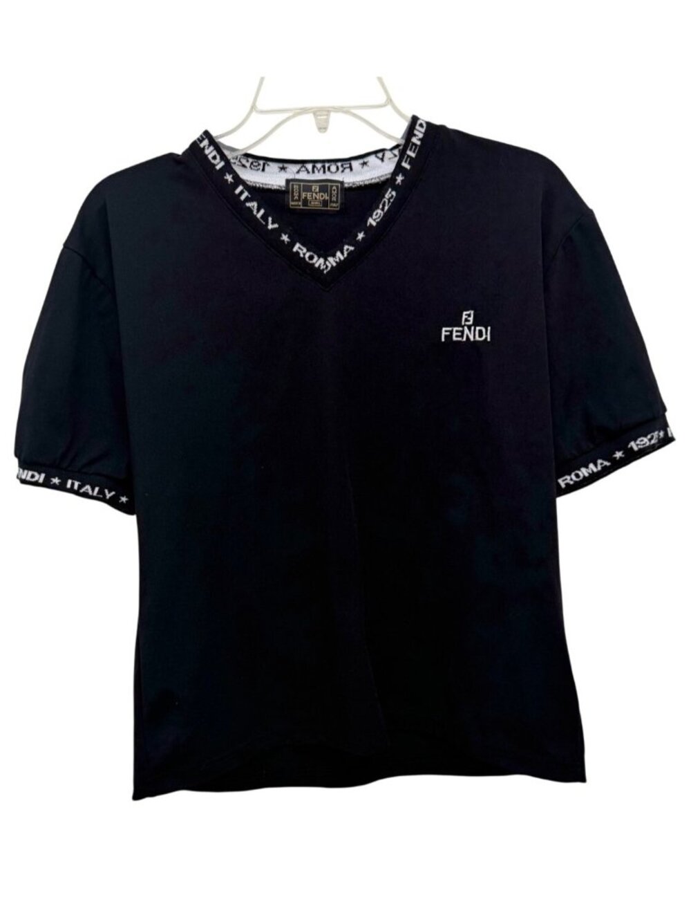 Vintage Fendi Jeans Roma Amor Italy Black Logo Trim V-Neck Top S – Made in Italy